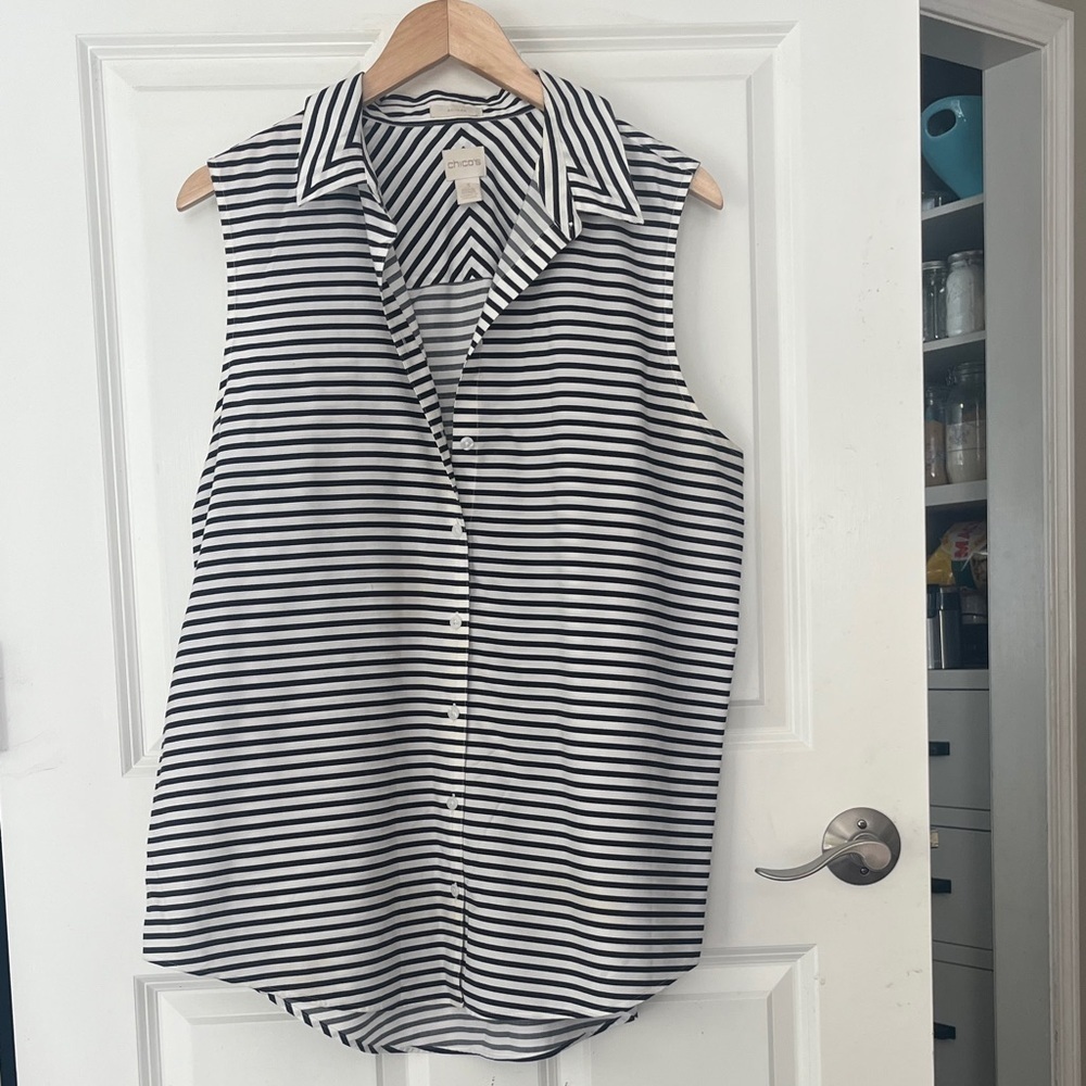 Chico's Black & White Striped Sleeveless Button-Down cotton Blouse Sz 3 or XL